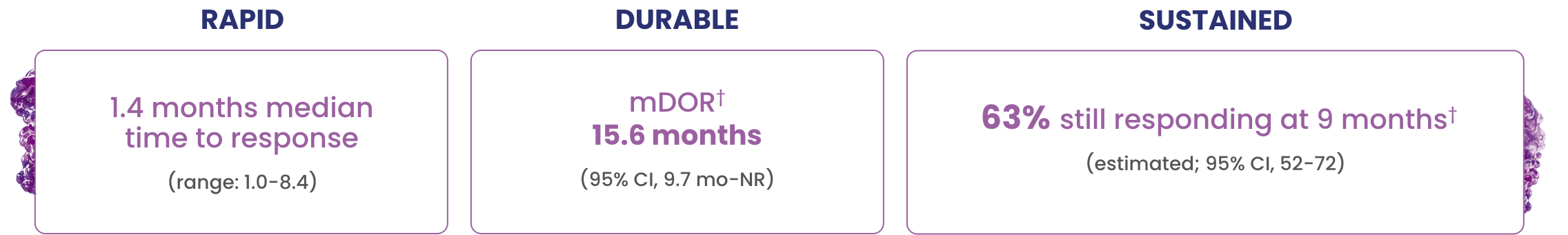 In overall responders: Rapid, 1.4 months median time to response (range 1.0-8.4). Durable, mDOR 15.6 months (95% CI, 9.7 mo-NR). Sustained, 63% still responding at 9 months (estimated; 95% CI, 52-72).