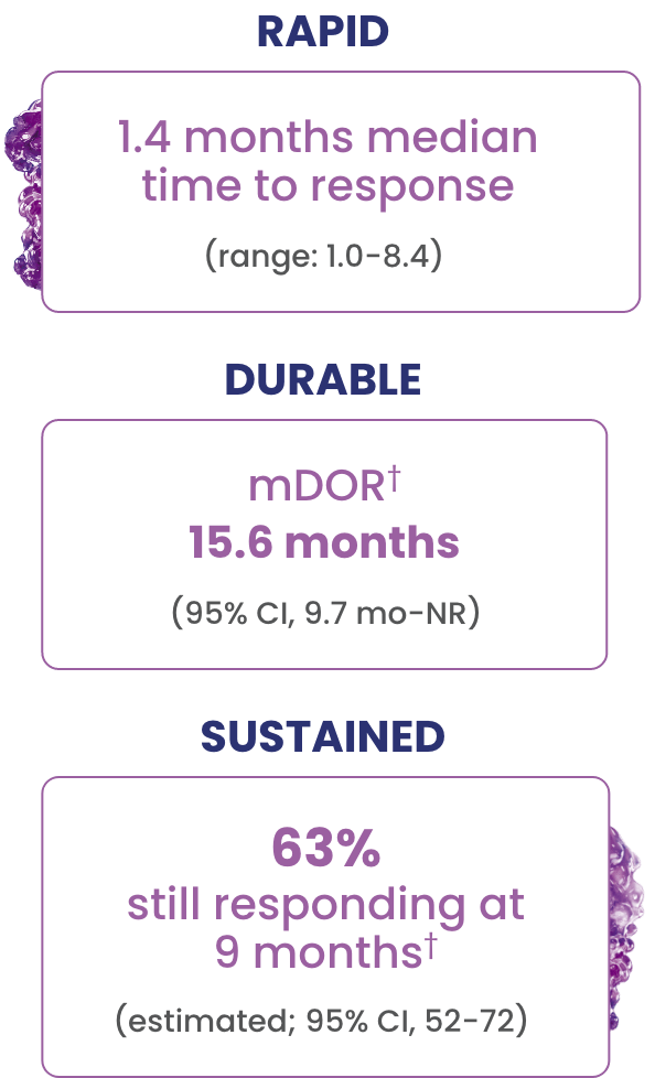 In overall responders: Rapid, 1.4 months median time to response (range 1.0-8.4). Durable, mDOR 15.6 months (95% CI, 9.7 mo-NR). Sustained, 63% still responding at 9 months (estimated; 95% CI, 52-72).