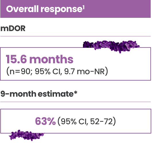Median duration of overall response was 15.6 months, estimated 63% responding at 9 months. Median duration of complete response was not reached, 87% still responding at 9 months.