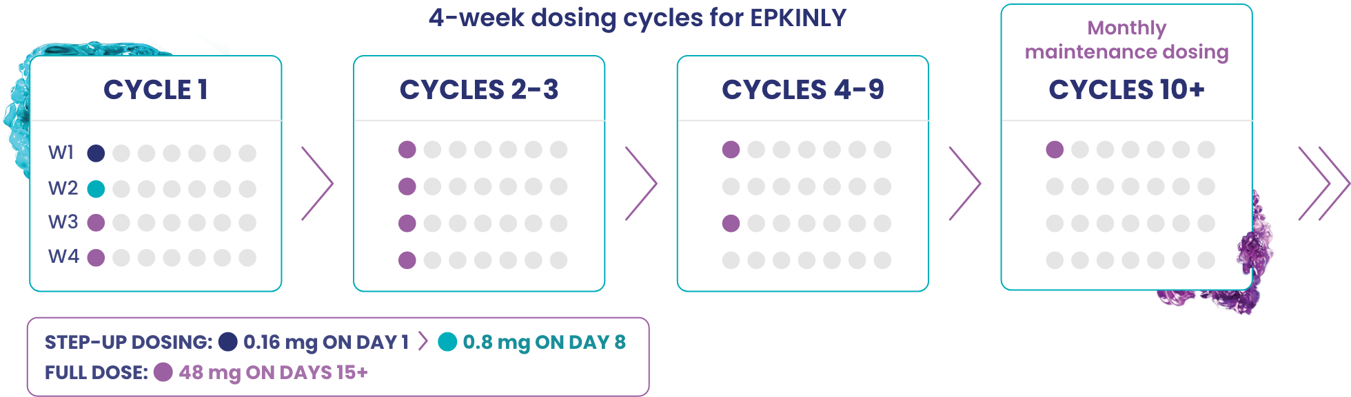 EPKINLY™ is dosed in four week cycles. Cycle 1 utilizes step­up dosing on days 1, 8, 15 and beyond. Cycles 2 through 3 are administered every week, cycles 4 through 9 are administered every two weeks and cycles 10 and after are administered every 4 weeks.
