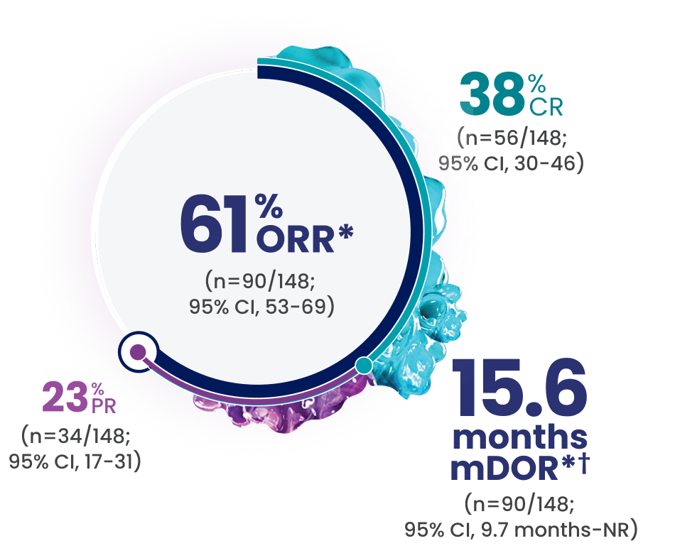 61% of patients had a response (n=90/148; 95% CI, 53-69), 38% of patients had a complete response (n=56/148; 95% CI, 30-46), and 23% of patients had a partial response (n=34/148; 95% CI, 17-31). Median DOR was 15.6 months (n=90/148; 95% CI, 9.7 months-NR).