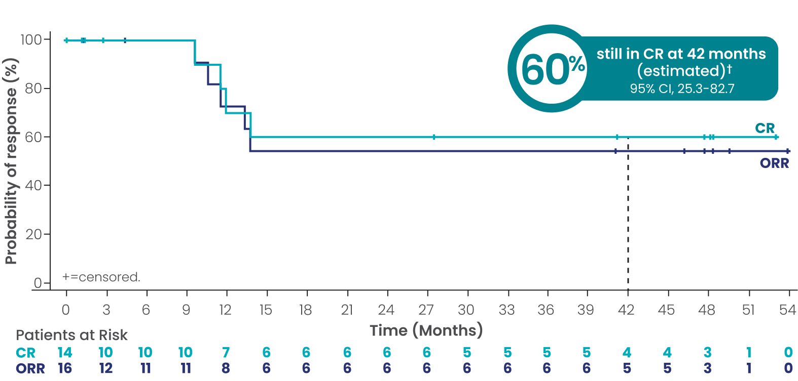 Investigator-assessed DOR and DOCR: mDOR not reached (95% CI, 10.6-NR), mDOCR not reached (95% CI, 9.7-NR); 60% still in complete response at 42 months (estimated) (95% CI, 25.3-82.7).