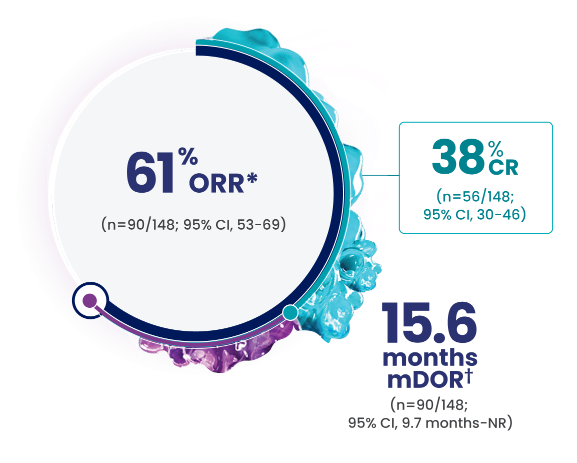 61% of patients had a response (n=90/148; 95% CI, 53-69), 38% of patients had a complete response (n=56/148; 95% CI, 30-46), and 23% of patients had a partial response (n=34/148; 95% CI, 17-31). Median DOR was 15.6 months (n=90/148; 95% CI, 9.7 months-NR).